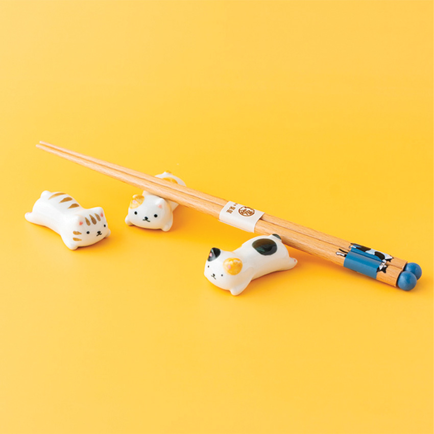 吉祥寺 菊屋 ゆる猫箸置小 ミケ/トラ/オレンジ、まんまるねこ22cm箸 ブルー